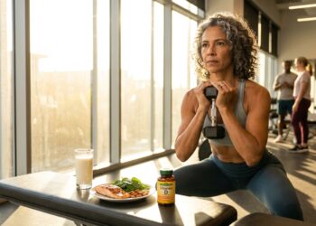 Mulher após os 50 pratica exercício de força em ambiente iluminado, com alimentos nutritivos próximos.