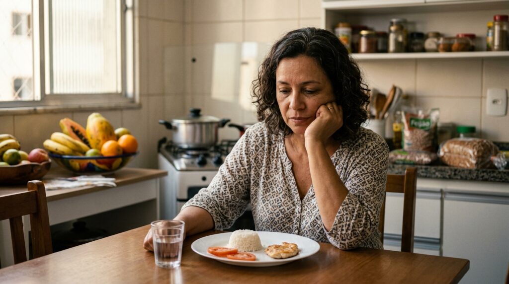 Mulher de meia-idade diante de uma refeição excessivamente restritiva durante tentativa de emagrecimento.