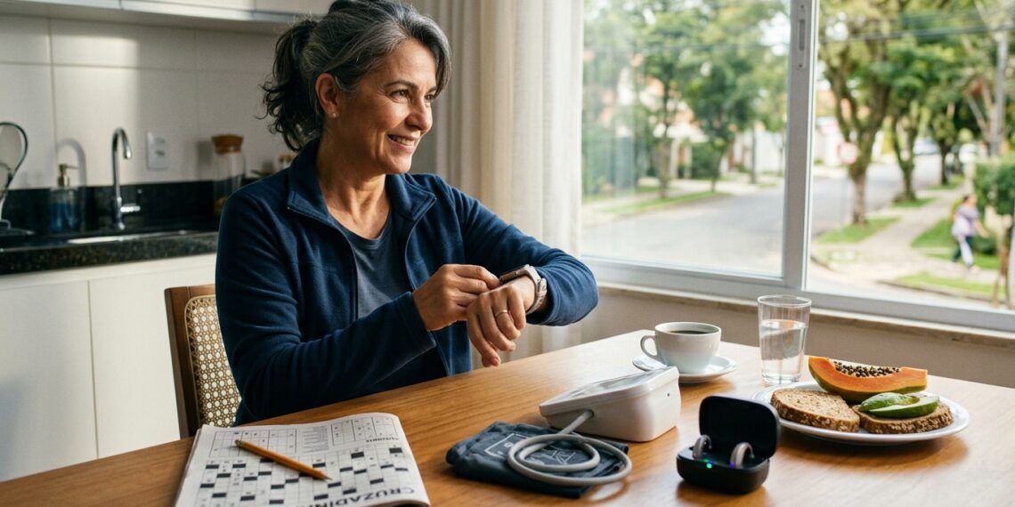 Mulher com mais de 50 anos se prepara para caminhar enquanto um caça-palavras e itens de cuidados com a saúde aparecem sobre a mesa.