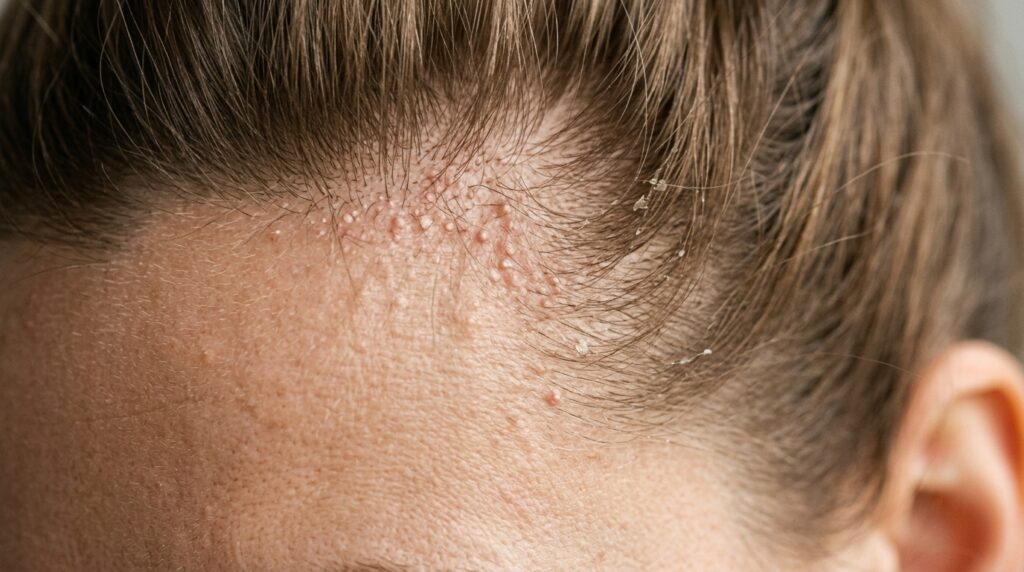 Pequenos cravos e espinhas aparecem concentrados na pele junto à linha de implantação do cabelo.