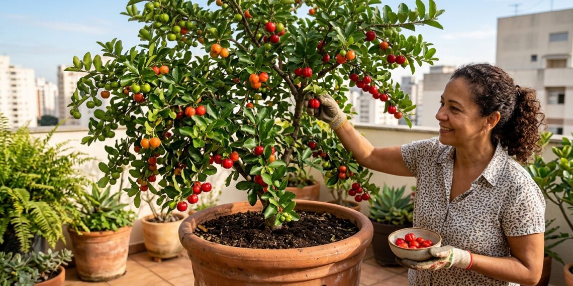 Mulher colhe acerolas de uma árvore cultivada em vaso na varanda.