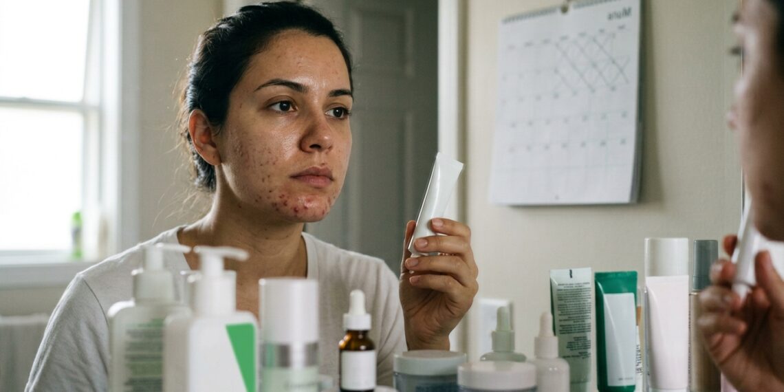 Mulher observa a acne no espelho poucos dias após iniciar um produto para tratamento da pele.