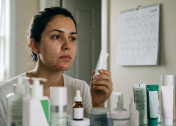Mulher observa a acne no espelho poucos dias após iniciar um produto para tratamento da pele.