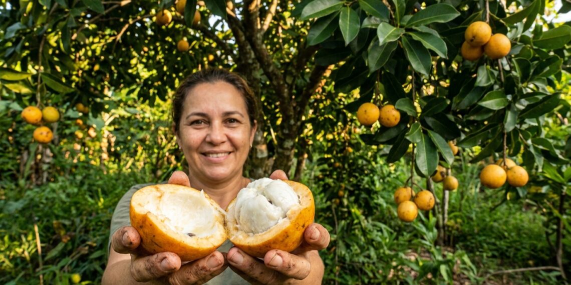 Bacupari aberto revela polpa branca dentro da casca amarelo-alaranjada.