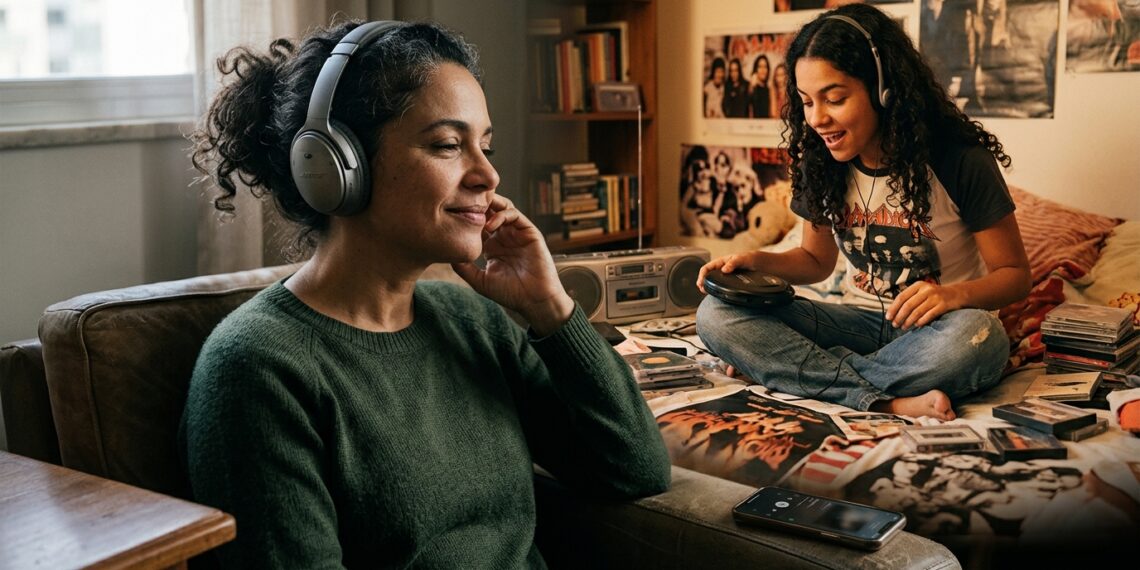 Mulher adulta ouve uma música enquanto recorda o período em que descobria canções aos 17 anos.