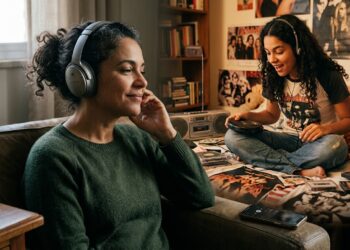 Mulher adulta ouve uma música enquanto recorda o período em que descobria canções aos 17 anos.