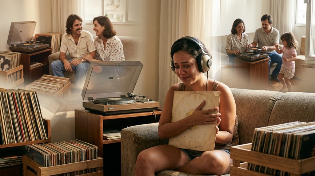 Woman_listening_to_vinyl_record_20260917091017-1024x572 A psicologia indica que pessoas podem sentir nostalgia por músicas lançadas antes de nascer porque parte da memória musical também é transmitida dentro de casa