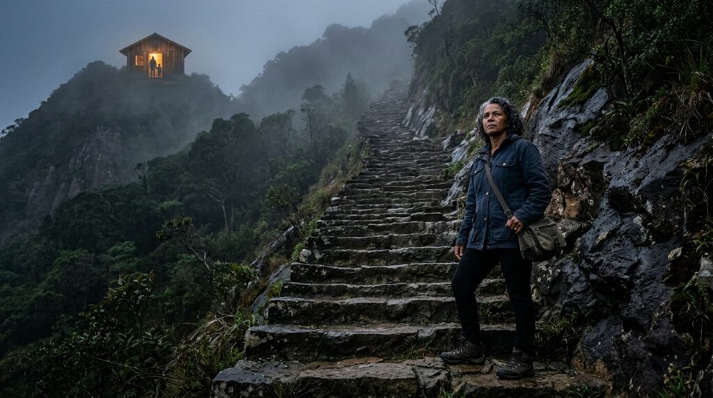 Mulher observa um caminho difícil em direção a uma meta significativa.