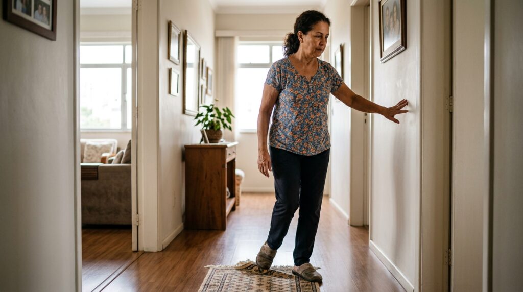 Mulher com mais de 60 anos perde momentaneamente o equilíbrio ao caminhar dentro de casa.