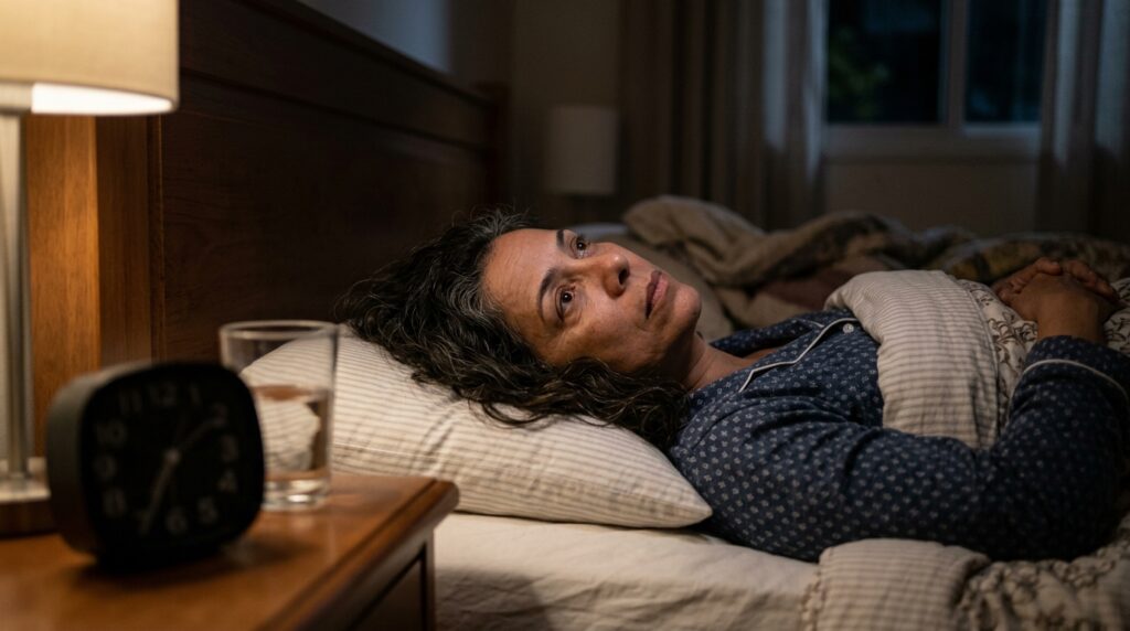 Mulher permanece acordada na cama durante a noite apesar de tentar dormir.