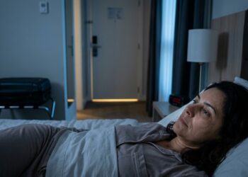 Mulher permanece levemente desperta durante a primeira noite em um quarto de hotel.
