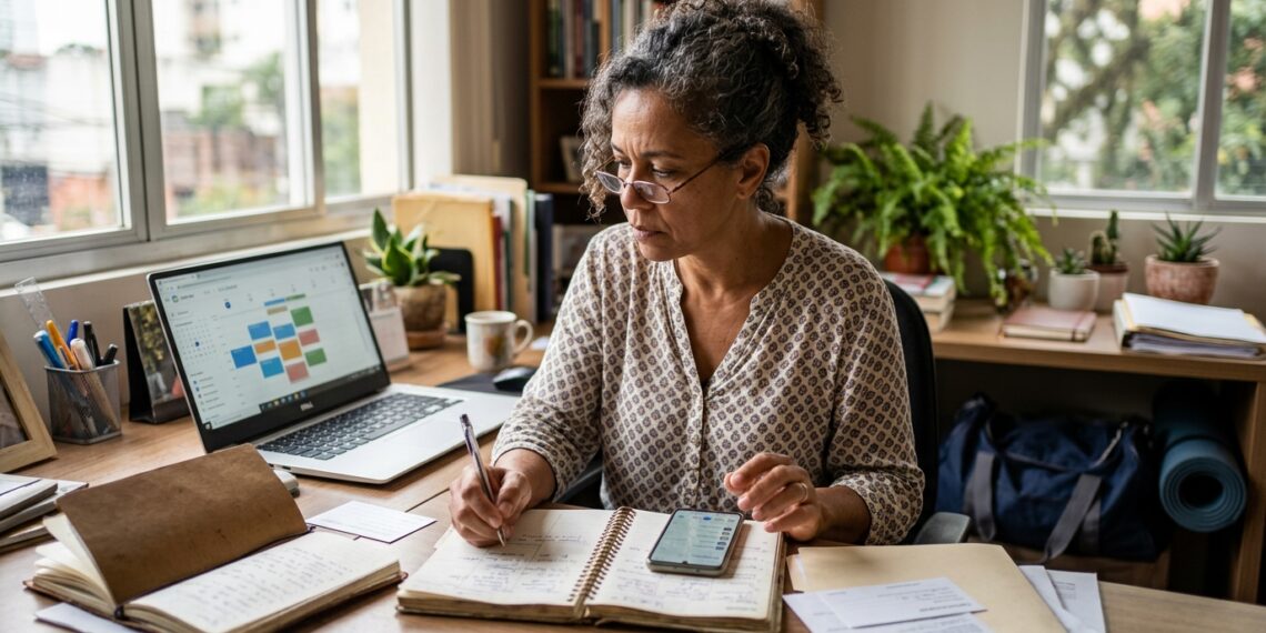 Mulher consulta agenda, celular e calendário enquanto organiza diferentes compromissos cotidianos.