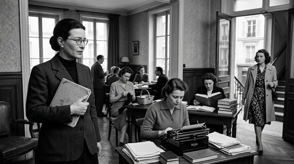 Simone de Beauvoir observa mulheres desempenhando diferentes papéis sociais na Paris do século XX.