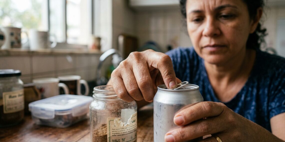 Mulher usa a ponta da unha para levantar o anel metálico de uma latinha.