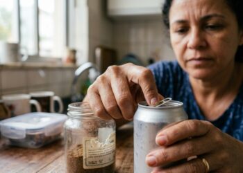 Mulher usa a ponta da unha para levantar o anel metálico de uma latinha.