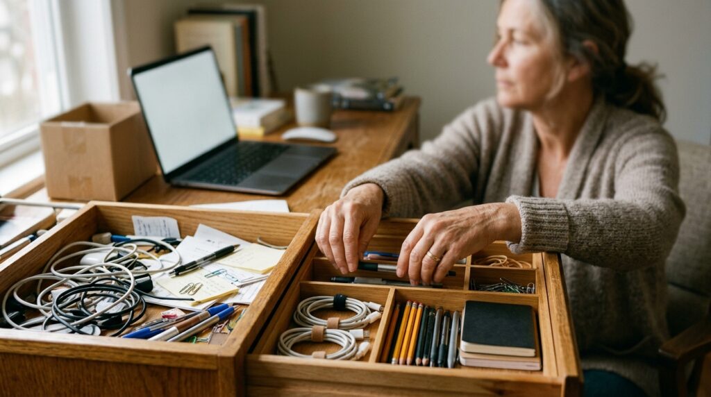 Woman_organizing_cluttered_desk_%E2%80%A6_20260924152743-1024x572 A psicologia aponta que indivíduos que limpam a casa antes de desistir de algo estão ritualizando o encerramento; é luto disfarçado de limpeza