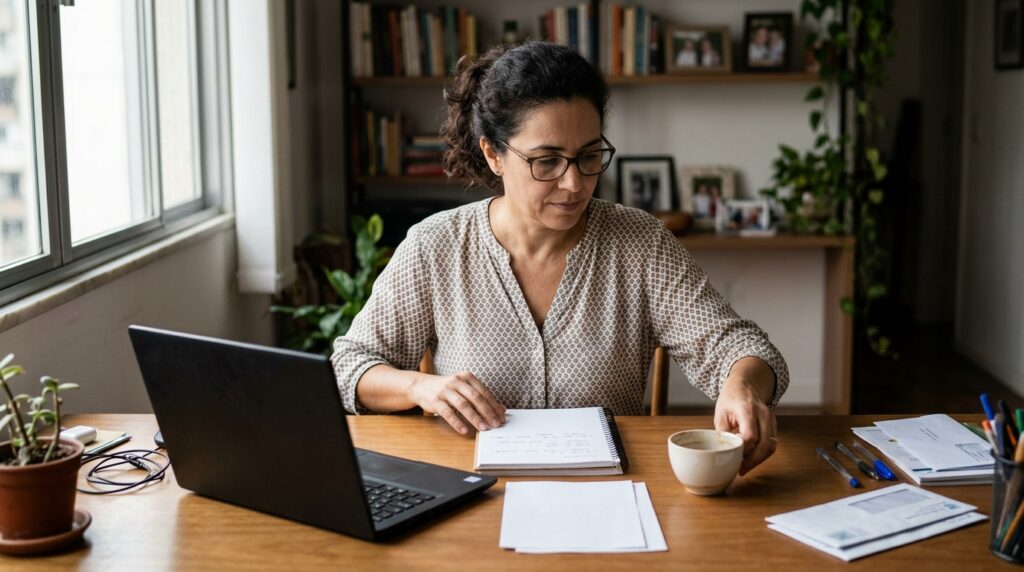 Mulher organiza a mesa antes de começar uma tarefa de trabalho.
