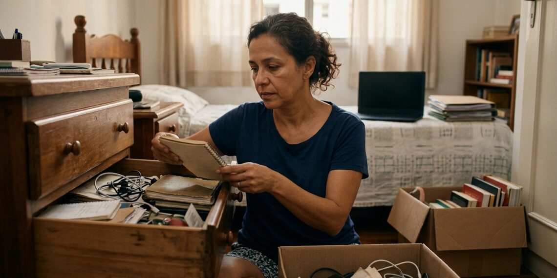 Mulher organiza gavetas e objetos de casa durante um momento de transição pessoal.