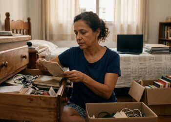 Mulher organiza gavetas e objetos de casa durante um momento de transição pessoal.