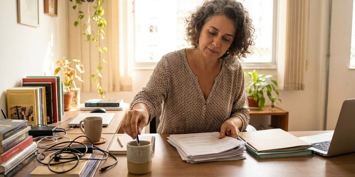 Mulher organiza papéis e objetos sobre a mesa de trabalho.