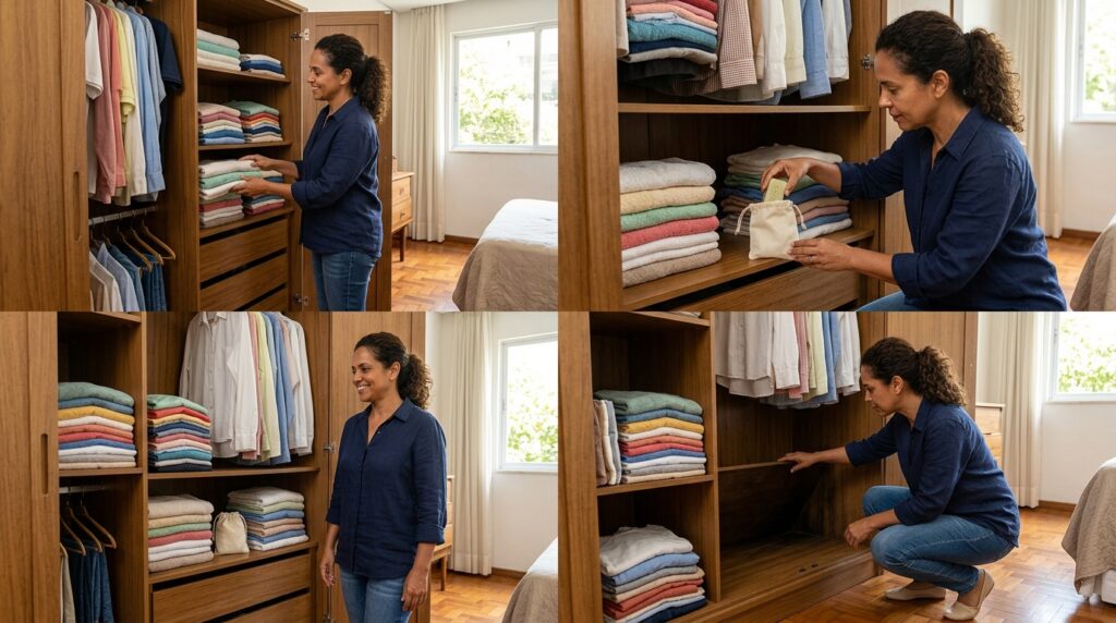 Sequência mostra sabonete entre roupas e inspeção de umidade no guarda-roupa.