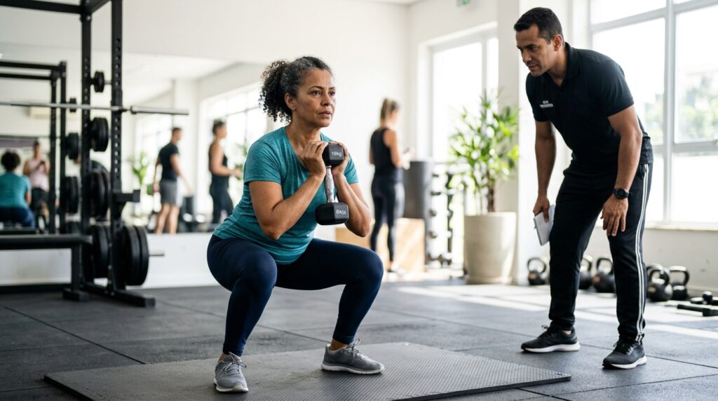 Mulher com mais de 45 anos realiza exercício de força com acompanhamento profissional.