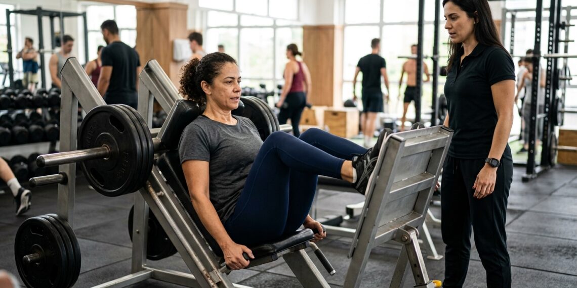 Mulher de meia-idade realiza exercício resistido para trabalhar a musculatura.