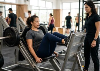 Mulher de meia-idade realiza exercício resistido para trabalhar a musculatura.