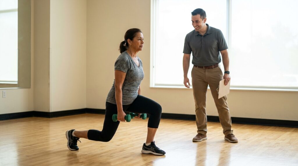 Mulher de 60 anos realiza exercício resistido com movimento controlado e amplitude confortável.
