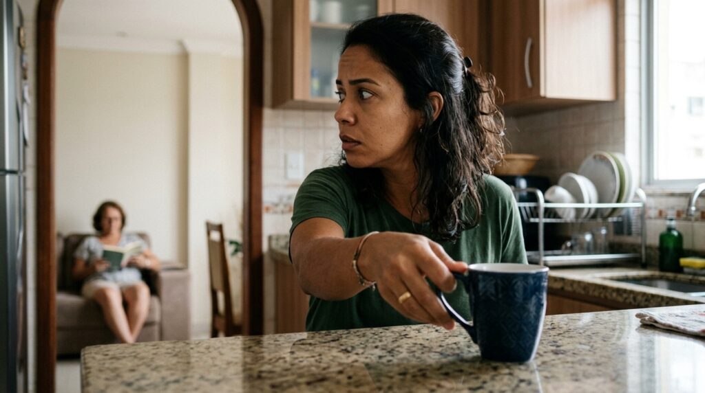 Woman_placing_cup_on_counter_20260924135243-1024x572 A psicologia indica que pessoas que fazem o mínimo de barulho possível na casa dos outros podem ter aprendido desde cedo que ser notado trazia consequências