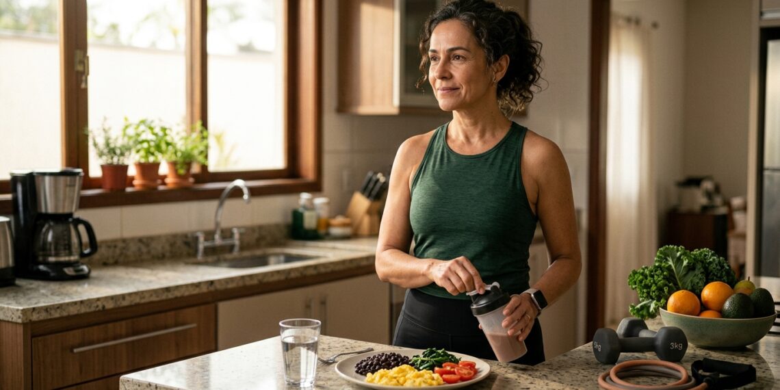 Mulher com mais de 45 anos combina alimentação equilibrada e exercício de força durante processo de emagrecimento.