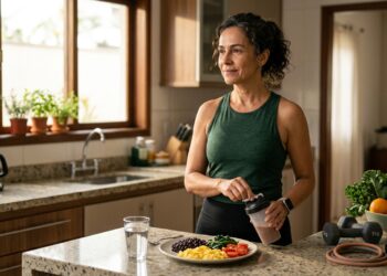Mulher com mais de 45 anos combina alimentação equilibrada e exercício de força durante processo de emagrecimento.
