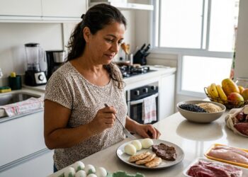 Mulher prepara refeição muito concentrada em alimentos proteicos durante uma dieta restritiva em carboidratos.