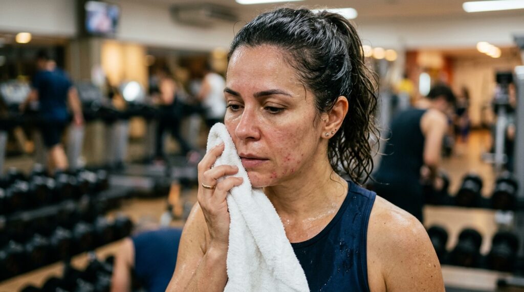 Mulher enxuga o suor do rosto com toques suaves de uma toalha após o treino para evitar atrito excessivo na pele.