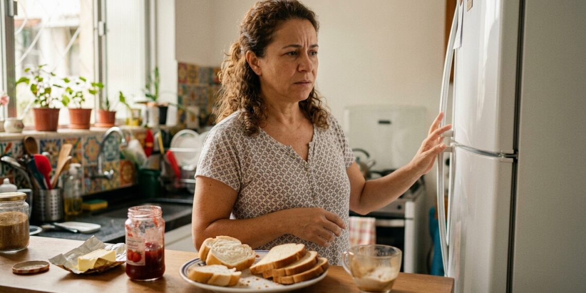 Mulher procura comida novamente pouco tempo depois de terminar uma refeição.