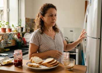 Mulher procura comida novamente pouco tempo depois de terminar uma refeição.