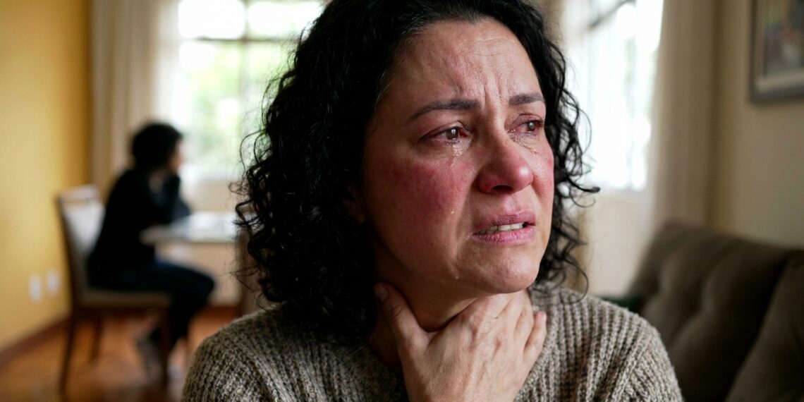 Mulher chora enquanto demonstra raiva durante uma discussão.