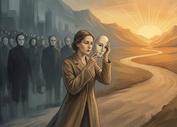 Ilustração mostra mulher retirando uma máscara diante de uma multidão, simbolizando identidade e expectativas sociais.