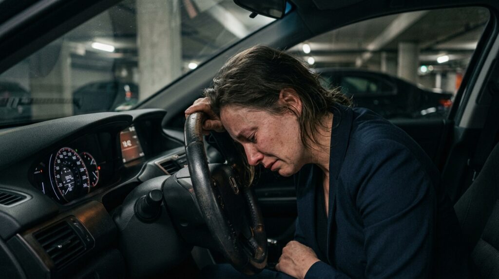 Mulher debruçada sobre o volante do carro em estacionamento fechado demonstrando exaustão física e emocional