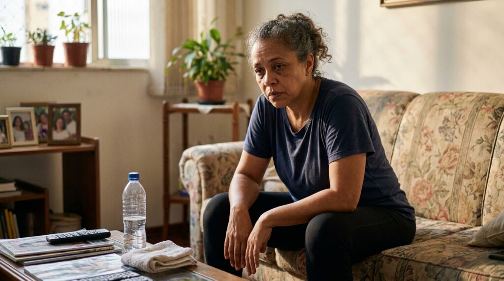 Mulher permanece muito cansada em casa depois de terminar o treino.