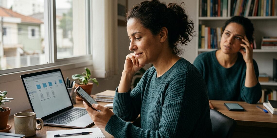 Mulher salva uma informação no celular enquanto utiliza o computador em uma mesa de trabalho.