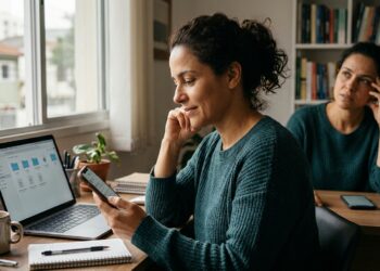 Mulher salva uma informação no celular enquanto utiliza o computador em uma mesa de trabalho.