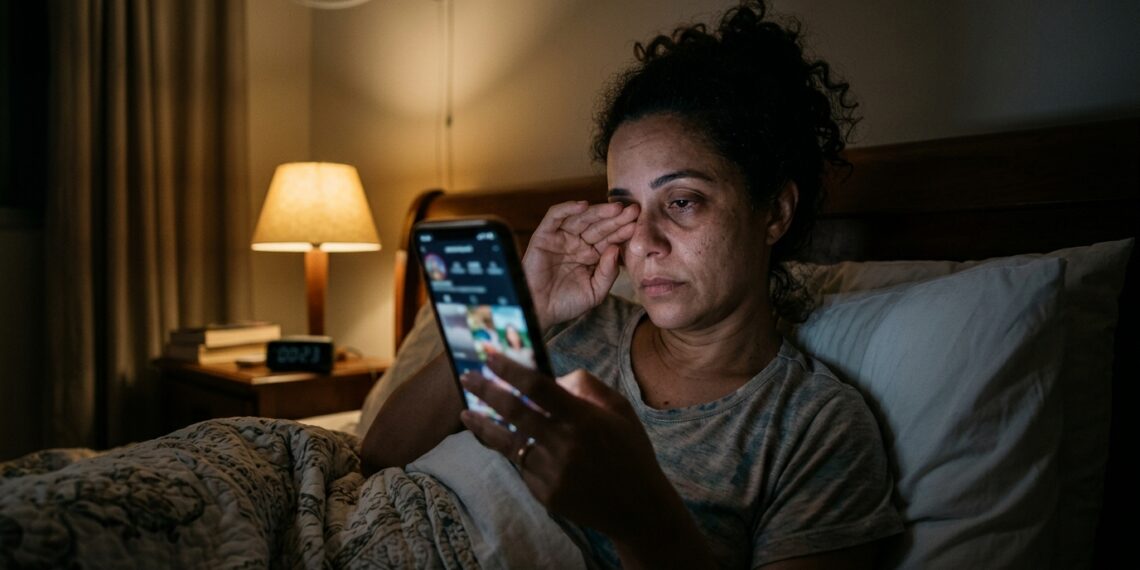 Mulher cansada continua rolando o celular na cama perto da meia-noite em vez de dormir.
