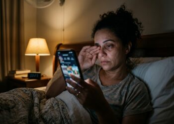 Mulher cansada continua rolando o celular na cama perto da meia-noite em vez de dormir.