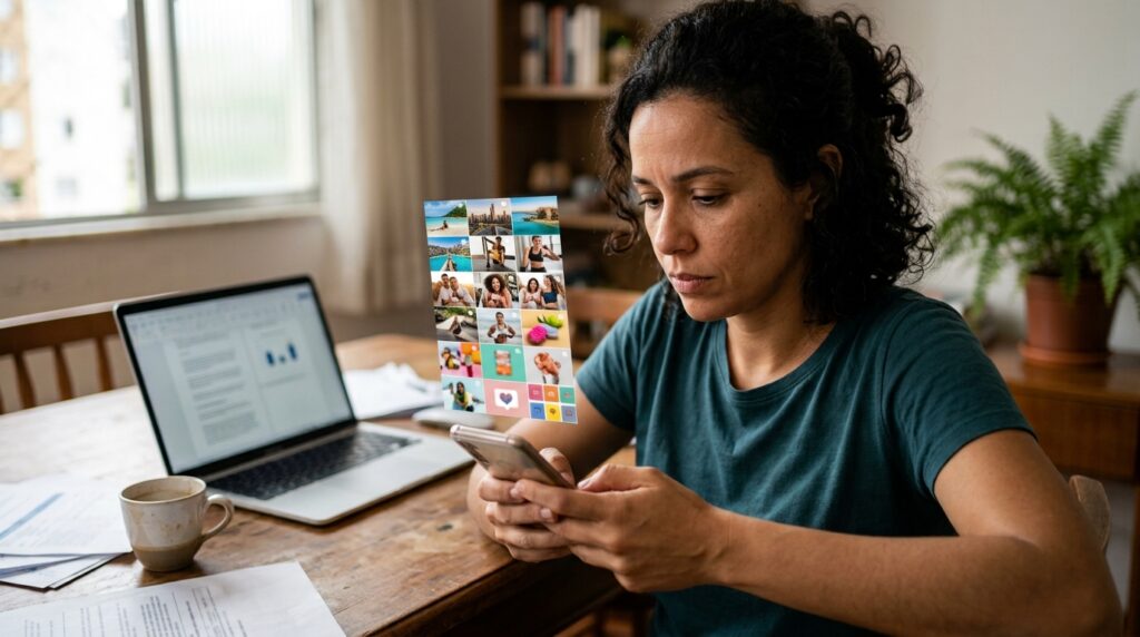 Woman_scrolling_social_media_home_20260919154958-1024x572 A psicologia indica que passar 2 horas nas redes sociais não significa necessariamente a mesma coisa para todo mundo — o que você faz durante esse tempo também importa