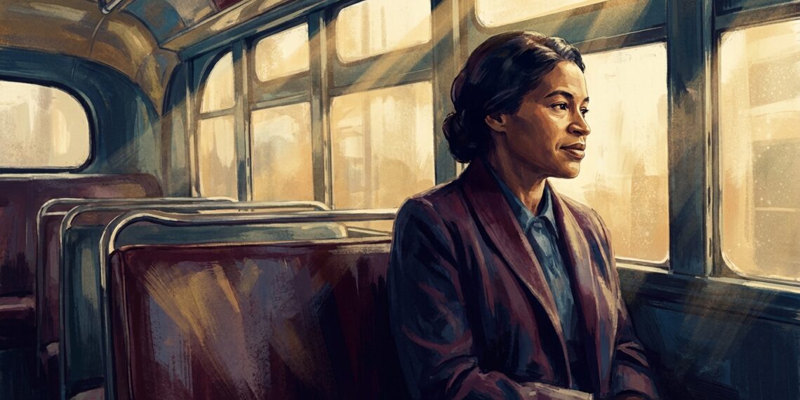 Ilustração editorial de Rosa Parks sentada serenamente junto à janela de um ônibus na década de 1950.