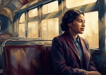 Ilustração editorial de Rosa Parks sentada serenamente junto à janela de um ônibus na década de 1950.
