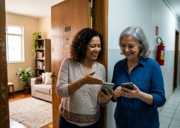Mulher conversa com vizinho enquanto ajuda a conectar um celular à rede Wi-Fi.