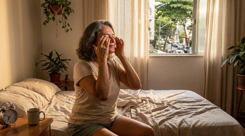 Mulher após os 50 acorda pela manhã e recebe luz natural no quarto.