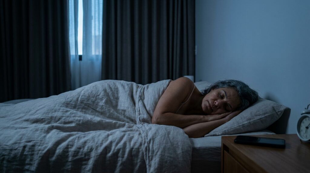 Pessoa com mais de 50 anos permanece acordada na cama após despertar durante a madrugada.